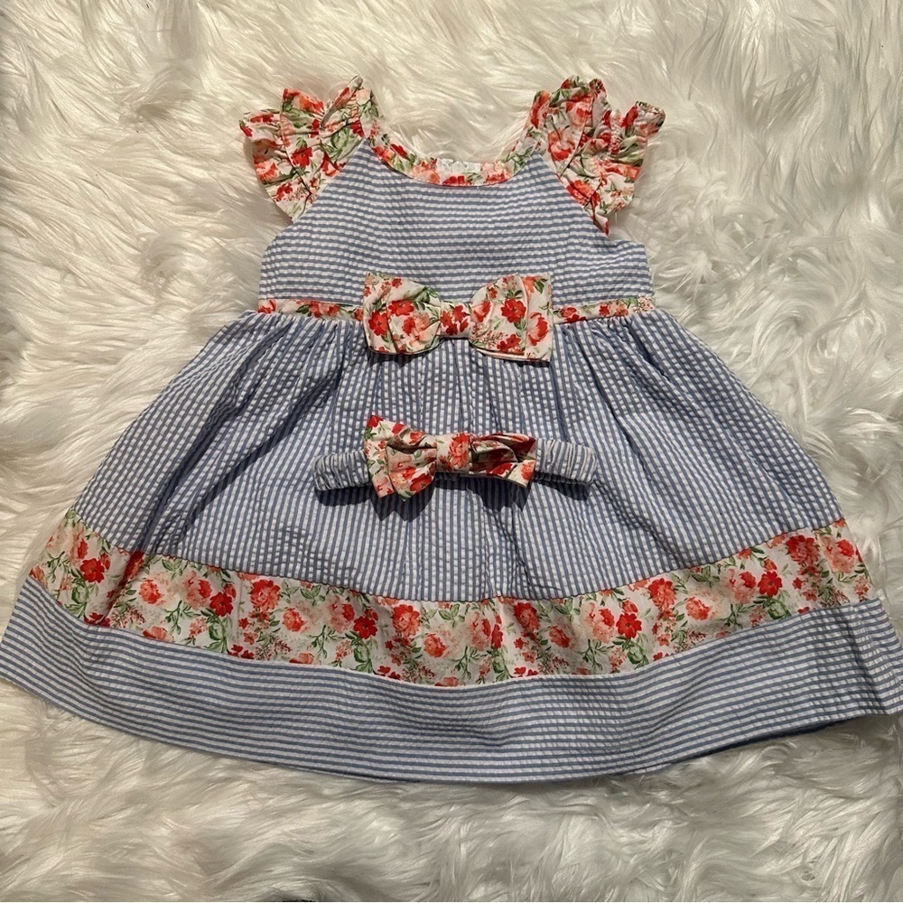 Bonnie Baby Girls 12M Blue Floral Stripe 3-Piece Dress Set